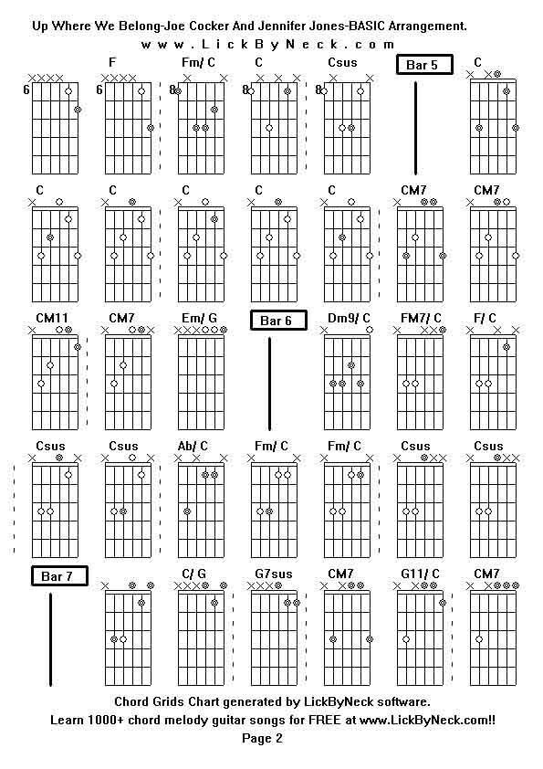Chord Grids Chart of chord melody fingerstyle guitar song-Up Where We Belong-Joe Cocker And Jennifer Jones-BASIC Arrangement,generated by LickByNeck software.